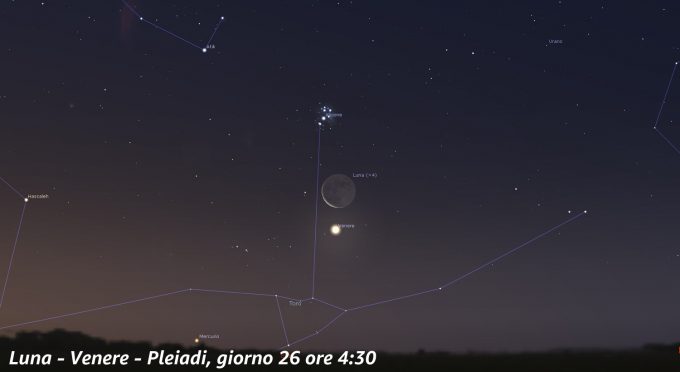 Congiunzione Luna - Venere - Pleiadi, giorno 26 ore 4:30