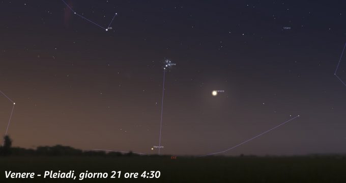 Congiunzione Venere - Pleiadi, giorno 21 ore 4:30