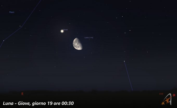 Congiunzione Luna - Giove, giorno 19 ore 00:30