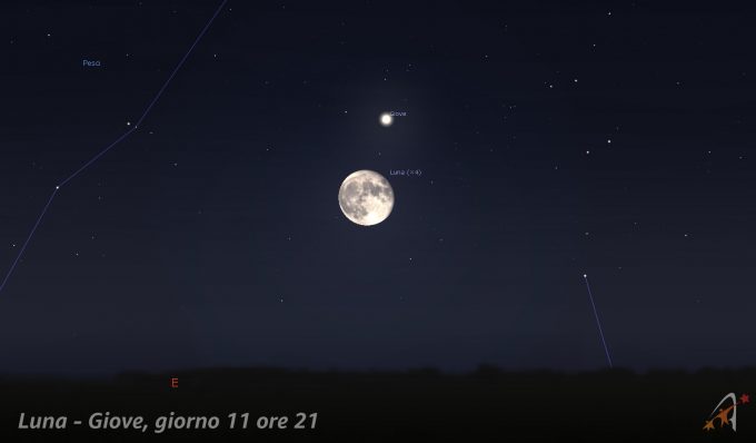 Congiunzione Luna - Giove, giorno 11 ore 21