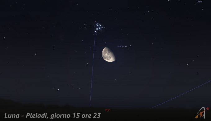 Congiunzione Luna - Pleiadi, giorno 15 ore 23
