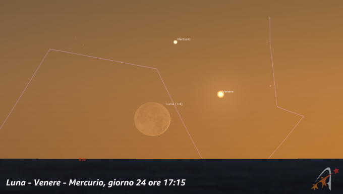 Congiunzione Luna - Venere - Mercurio, giorno 24 ore 17:15
