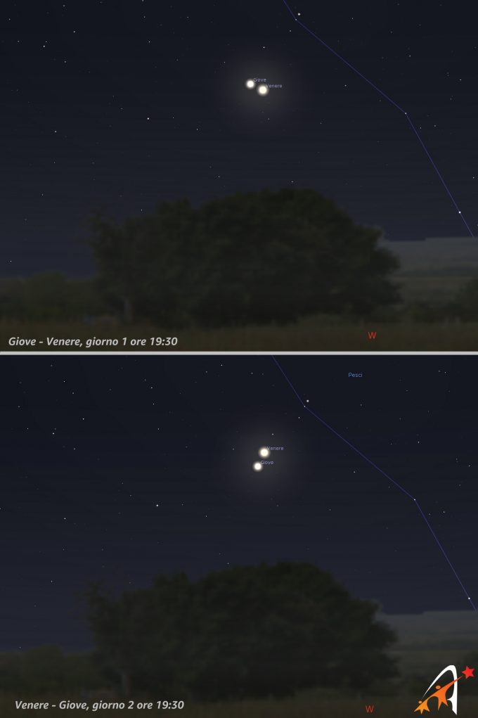 Congiunzione Giove - Venere, giorni 1 e 2 ore 19:30