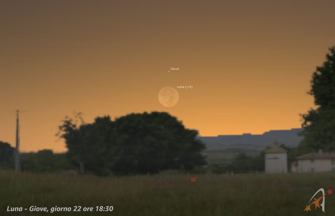 Congiunzione Luna - Giove, giorno 22 ore 18:30