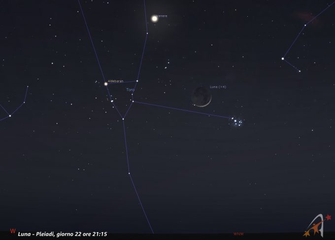congiunzione Luna - Pleiadi, giorno 22 ore 21:15