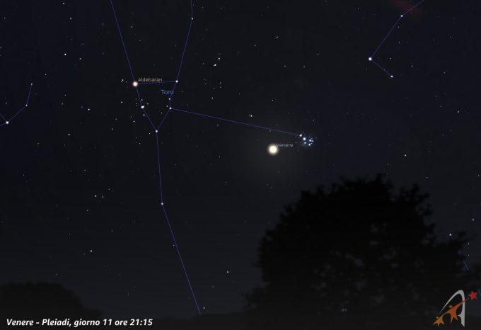 congiunzione Venere - Pleiadi, giorno 11 ore 21:15