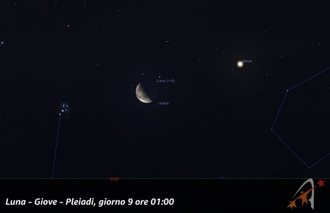 Congiunzione Luna - Giove - Pleiadi, giorno 9 ore 01:00