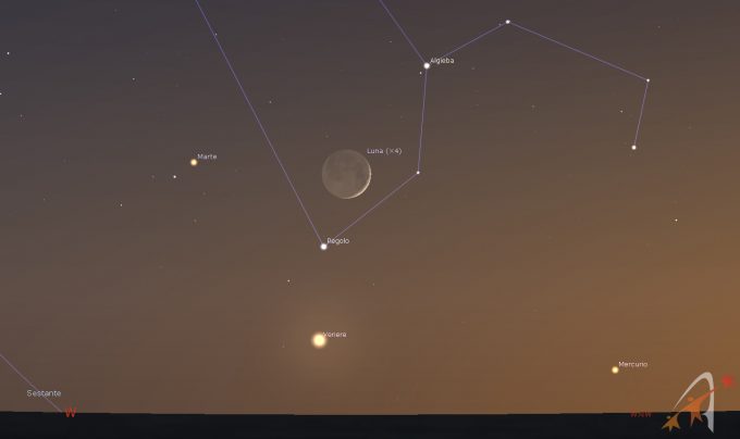 Congiunzione Luna - Venere - Marte, giorno 20 ore 21:30