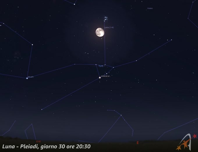 Congiunzione Luna - Pleiadi, giorno 30 ore 20:30