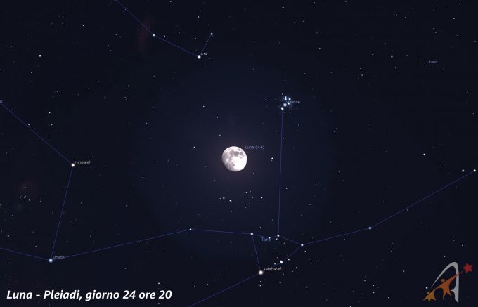 Congiunzione Luna - Pleiadi. giorno 24 ore 20