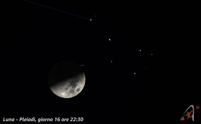 Congiunzione Luna - Pleiadi, giorno 16 ore 22:30