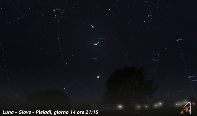 Congiunzione Luna - Pleiadi - Giove, giorno 14 ore 21:15