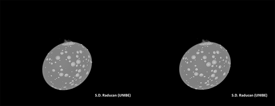 nella simulazione si vede che la luna dell'asteroide rimane parecchio deformata : questa immagine permette di avere un'immagine stereoscopica di quanto accaduto - credit : S.D. Rudican