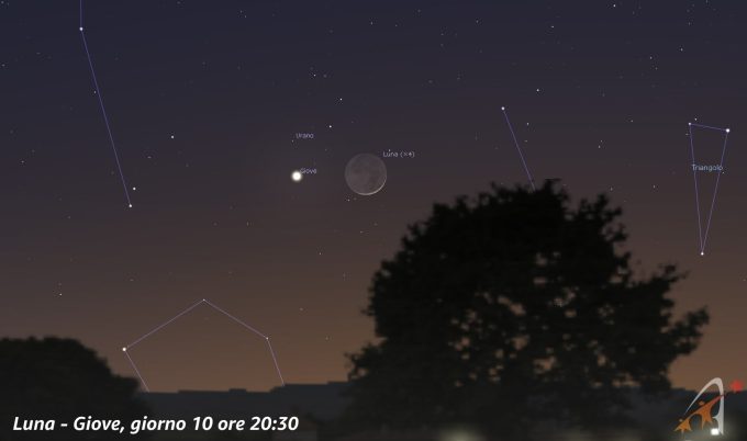 Congiunzione Luna - Giove, giorno 10 ore 20:30