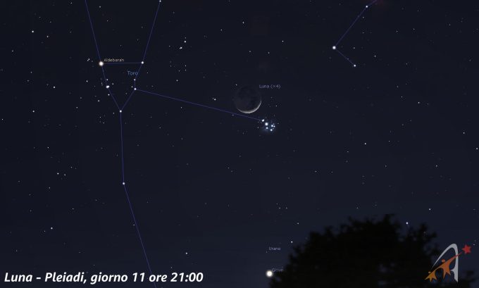 Congiunzione Luna - Pleiadi, giorno 11 ore 21:00