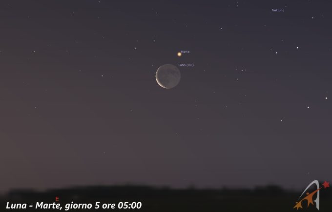 Congiunzione Luna - Marte, giorno 5 ore 05:00 - cielo maggio 2024