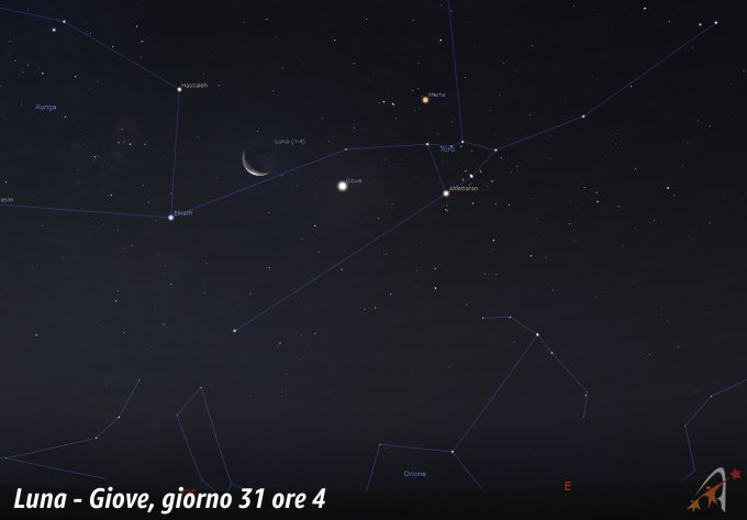 Congiunzione Luna - Giove, giorno 31 ore 4