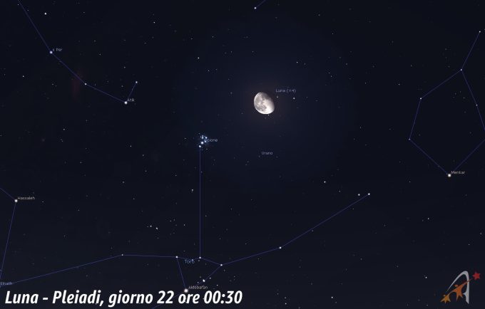 Congiunzione Luna - Pleiadi, giorno 22 ore 00:301