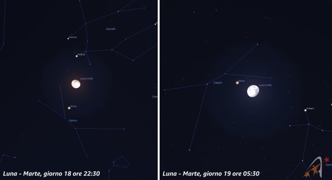 Congiunzione Luna - Marte, giorno 18 ore 22:30 e giorno 19 ore 5:30