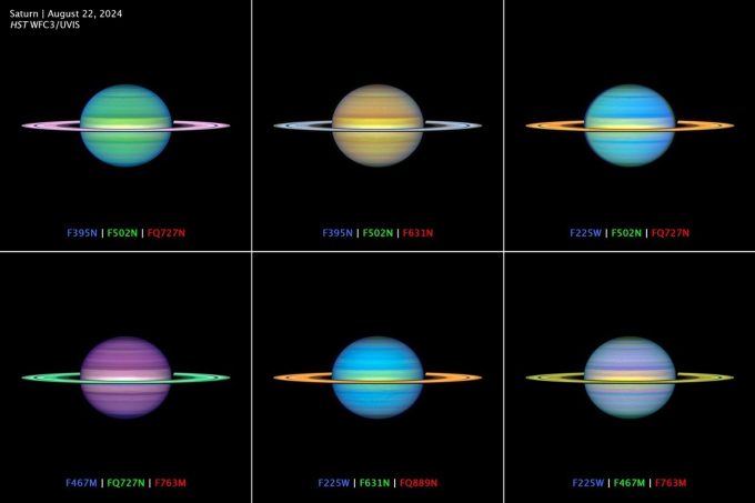 Queste immagini di Saturno rappresentano dati reali provenienti da più filtri mappati sui colori R/G/B percepibili dall'occhio umano. Ciascuna combinazione di filtri enfatizza le sottili differenze nell'altitudine o nella composizione delle nubi.