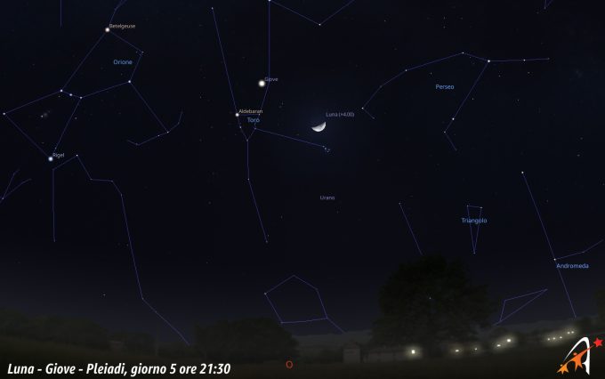 Congiunzione Luna - Giove - Pleiadi, giorno 5 ore 21:30