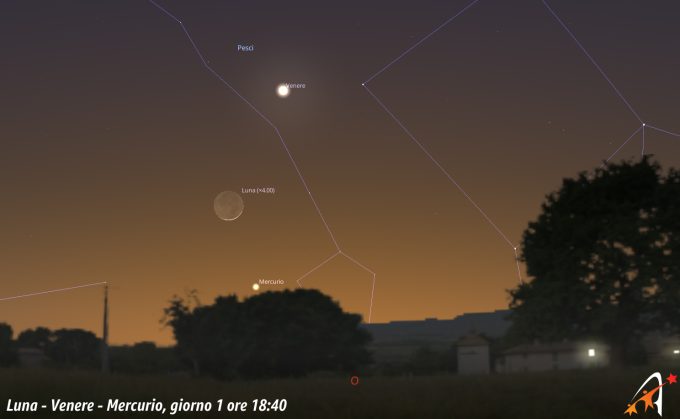 Congiunzione Luna - Venere - Mercurio, giorno 1 ore 18:40