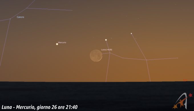 Congiunzione Luna - Mercurio, giorno 26 ore 21:40