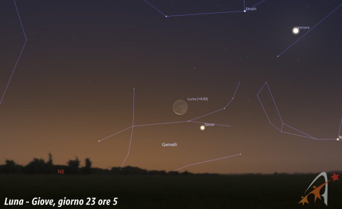 Congunzione Luna - Giove, giorno 23 ore 5