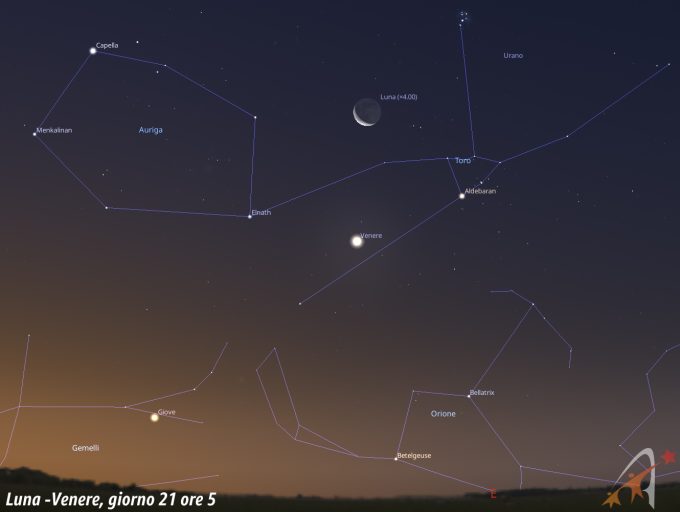 Congunzione Luna - Venere, giorno 21 ore 5