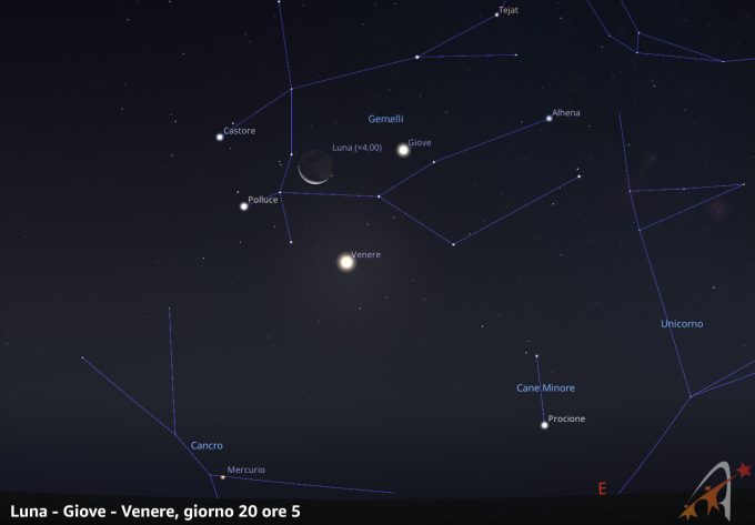 Congiunzione Luna - Giove - Venere, giorno 20 ore 5