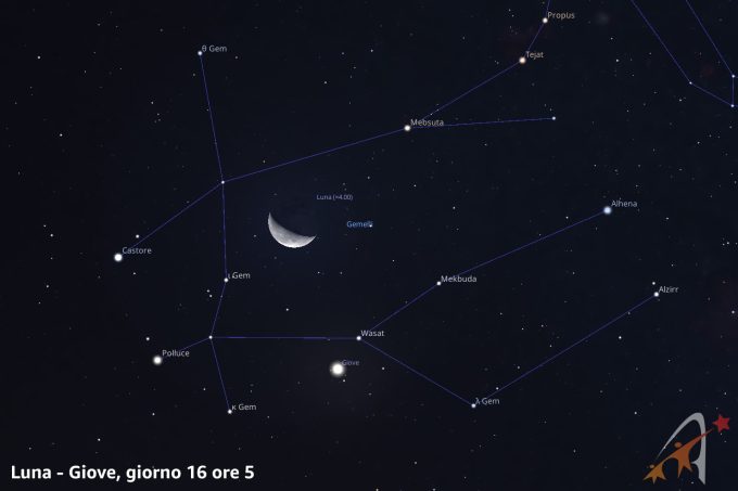Congiunzione Luna - Giove, giorno 16 ore 5