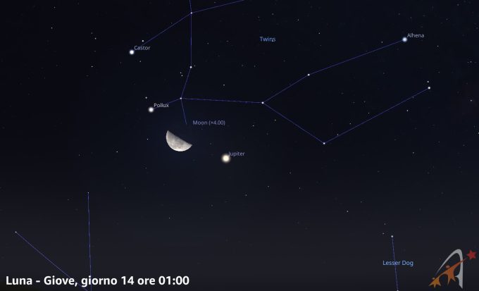 Congiunzione Luna - Giove, giorno 14 ore 01:00