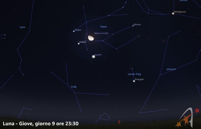 Congiunzione Luna - Giove, giorno 9 ore 23:30