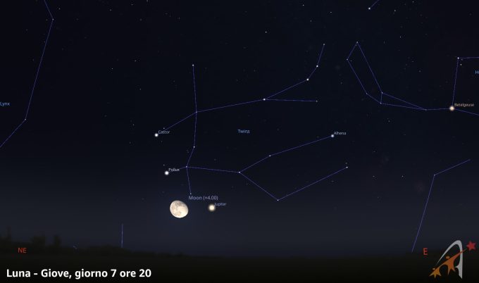 Congiunzione Luna - Giove, giorno 7 ore 20