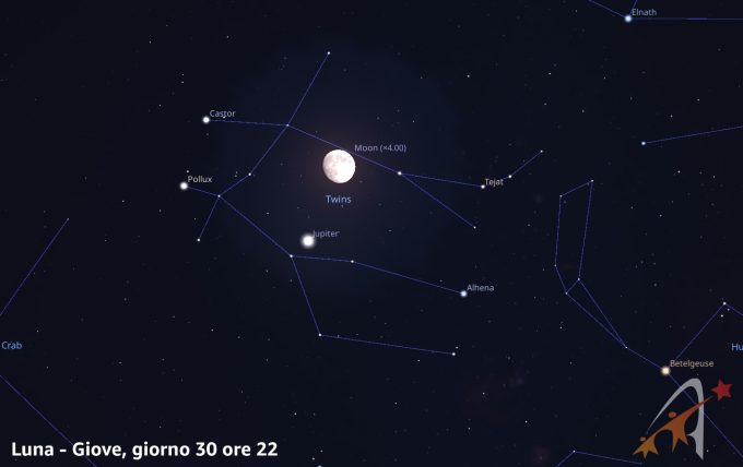 Congiunzione Luna - Giove, giorno 30 ore 22