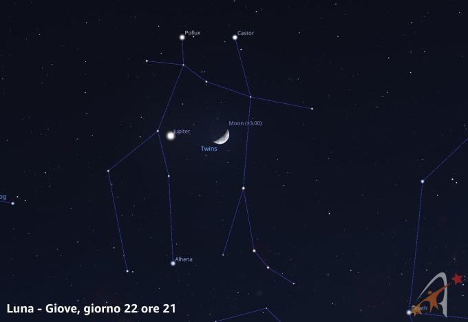 Congiunzione Luna - Giove, giorno 22 ore 21