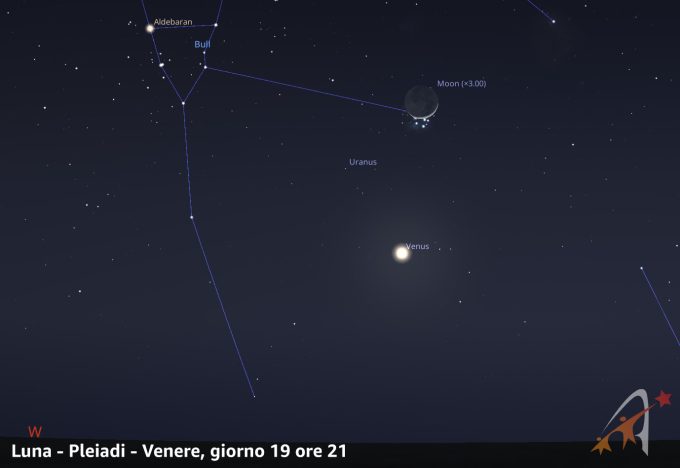 Congiunzione Luna - Pleiadi  - Venere, giorno 19 ore 21