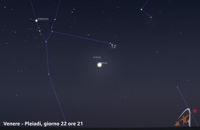 Congiunzione Venere  - Pleiadi, giorno 22 ore 21