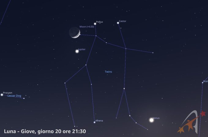 Congiunzione Luna - Giove, giorno 20 ore 21:30