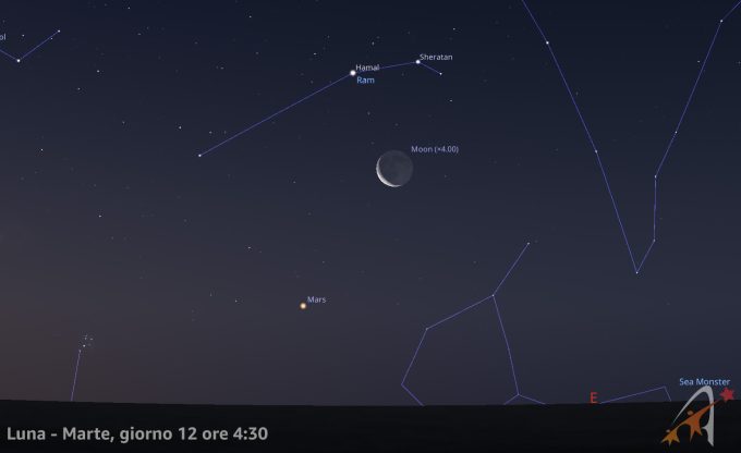 Congiunzione Luna - Marte, giorno 12 ore 04:30