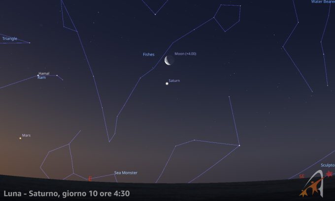 Congiunzione Luna - Saturno, giorno 10 ore 04:30