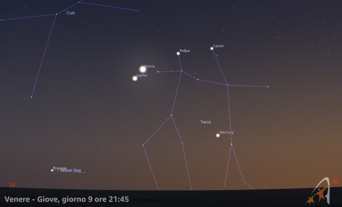 Congiunzione Venere - Giove, giorno 9 ore 21:45