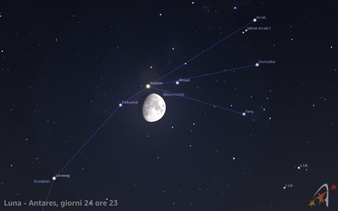 Congiunzione Luna - Antares, giorno 24 ore 23