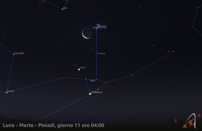 Congiunzione Luna - Marte - Pleiadi, giorno 11 ore 04:00